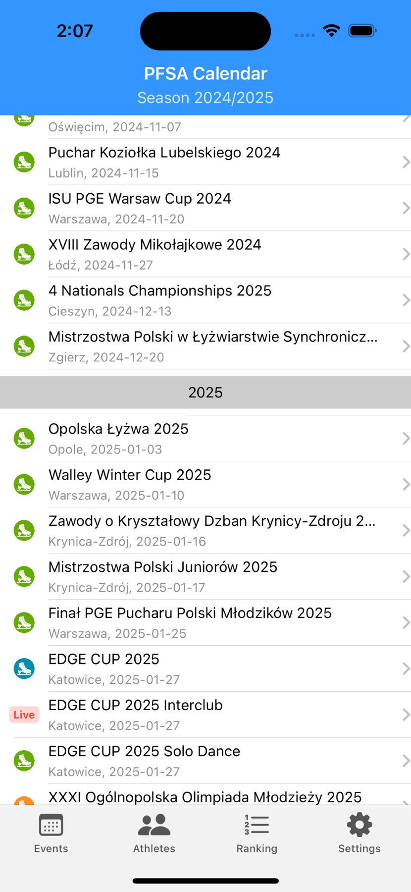 SkatingApp — widok kalendarza zawodów